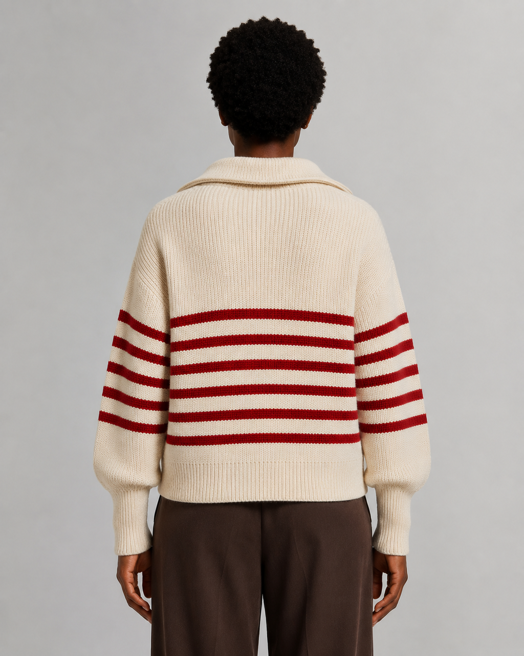 Women’s Breton Stripe Quarter-Zip Jumper - Fall Winter Heavyweight Wool-Cotton Sweater - Luxxella