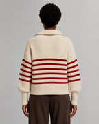 Women’s Breton Stripe Quarter-Zip Jumper - Fall Winter Heavyweight Wool-Cotton Sweater - Luxxella