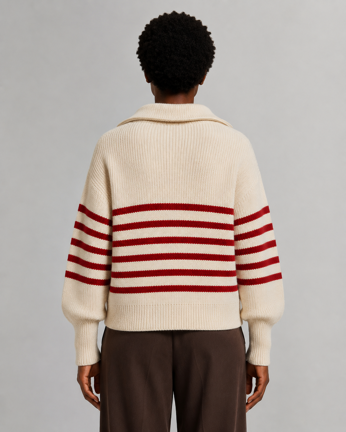 Women’s Breton Stripe Quarter-Zip Jumper - Fall Winter Heavyweight Wool-Cotton Sweater - Luxxella