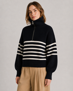 Women’s Breton Stripe Quarter-Zip Jumper - Fall Winter Heavyweight Wool-Cotton Sweater - Luxxella