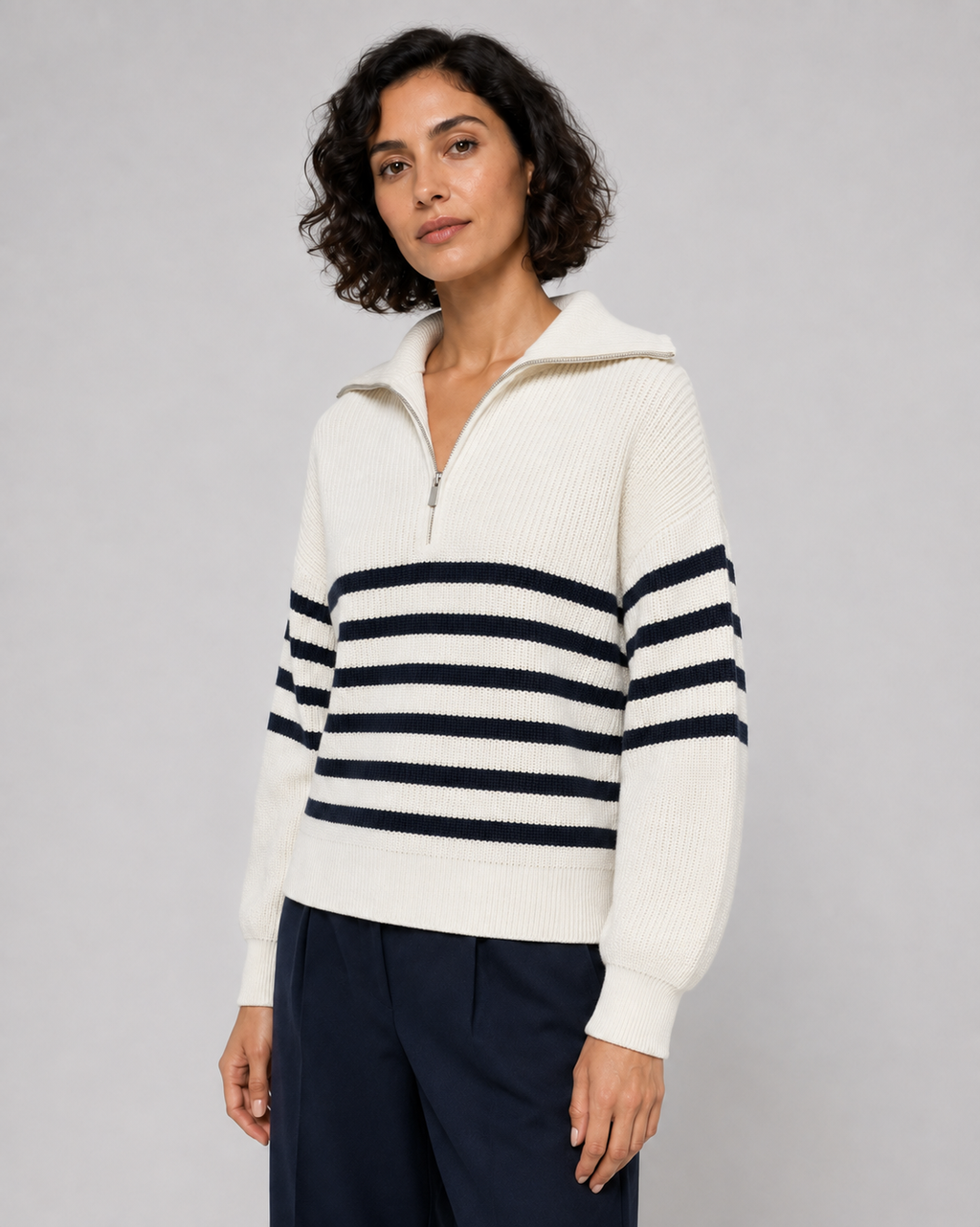 Women’s Breton Stripe Quarter-Zip Jumper - Fall Winter Heavyweight Wool-Cotton Sweater - Luxxella