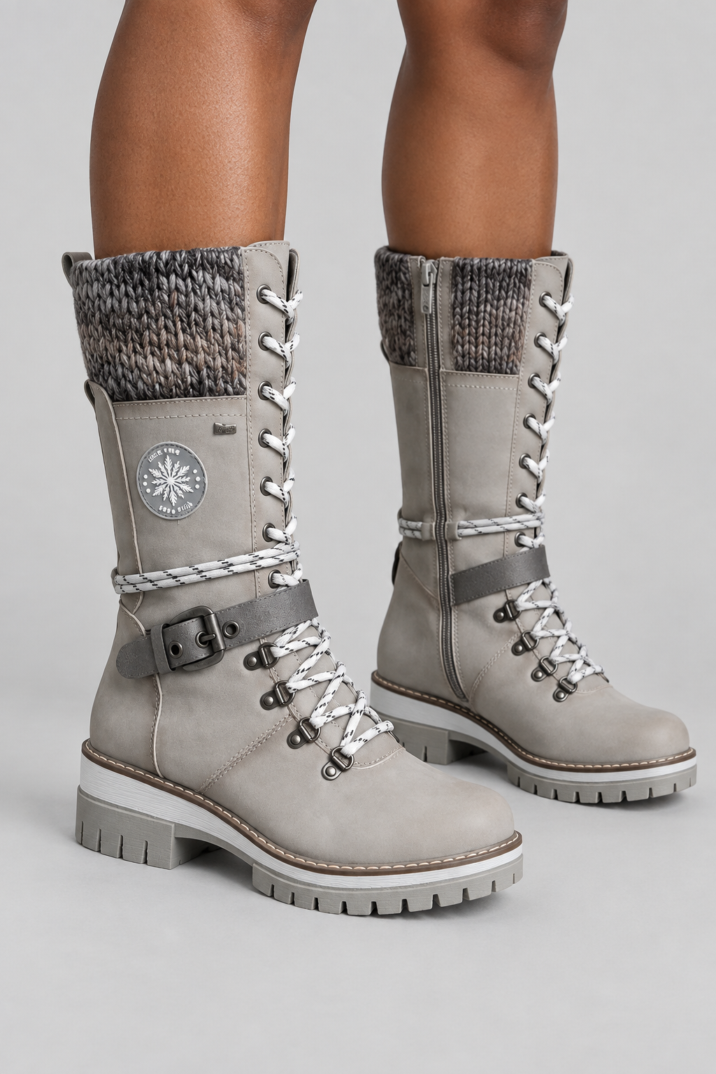 Bottes d'hiver mi-mollet pour femmes, avec revers en maille, lacets, similicuir, bottes de neige imperméables, chaudes, de combat, d'équitation