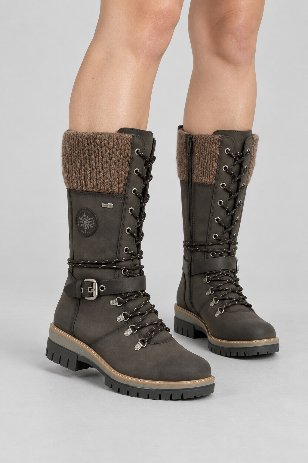 Bottes d'hiver mi-mollet pour femmes, avec revers en maille, lacets, similicuir, bottes de neige imperméables, chaudes, de combat, d'équitation