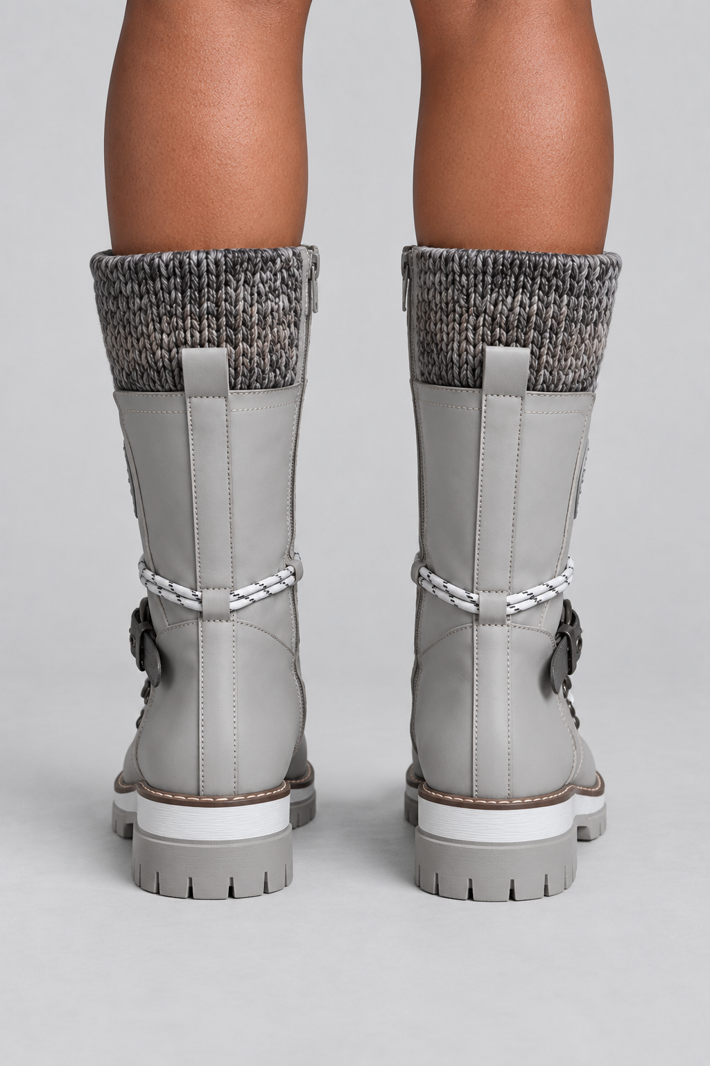Bottes d'hiver mi-mollet pour femmes, avec revers en maille, lacets, similicuir, bottes de neige imperméables, chaudes, de combat, d'équitation