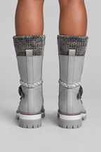 Bottes d'hiver mi-mollet pour femmes, avec revers en maille, lacets, similicuir, bottes de neige imperméables, chaudes, de combat, d'équitation
