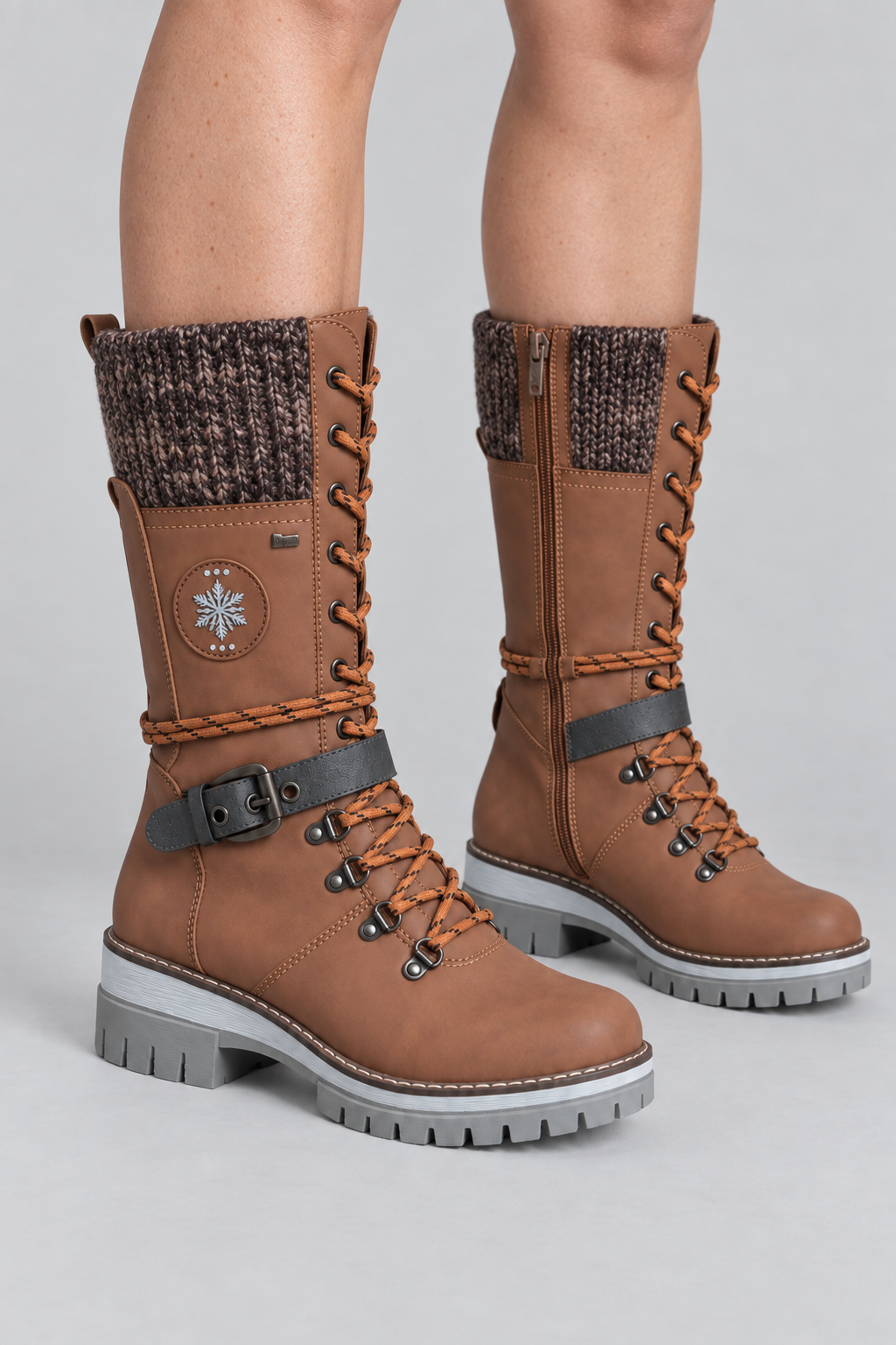 Bottes d'hiver mi-mollet pour femmes, avec revers en maille, lacets, similicuir, bottes de neige imperméables, chaudes, de combat, d'équitation