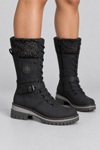 Bottes d'hiver mi-mollet pour femmes, avec revers en maille, lacets, similicuir, bottes de neige imperméables, chaudes, de combat, d'équitation