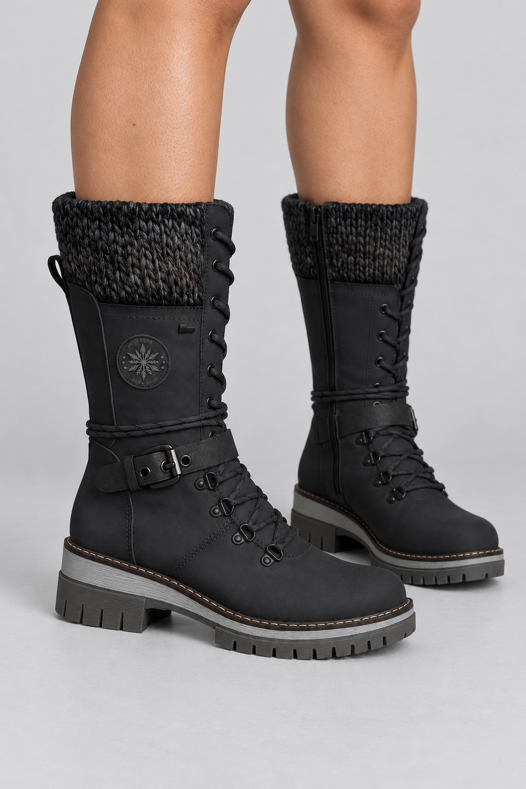 Bottes d'hiver mi-mollet pour femmes, avec revers en maille, lacets, similicuir, bottes de neige imperméables, chaudes, de combat, d'équitation