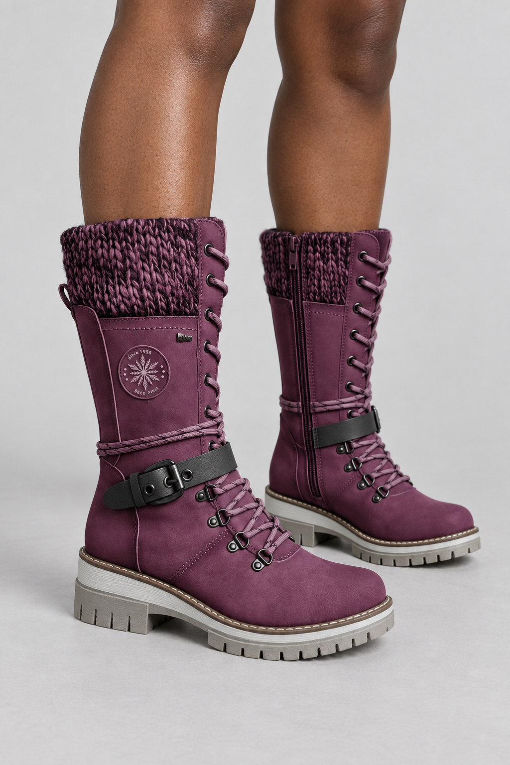 Bottes d'hiver mi-mollet pour femmes, avec revers en maille, lacets, similicuir, bottes de neige imperméables, chaudes, de combat, d'équitation