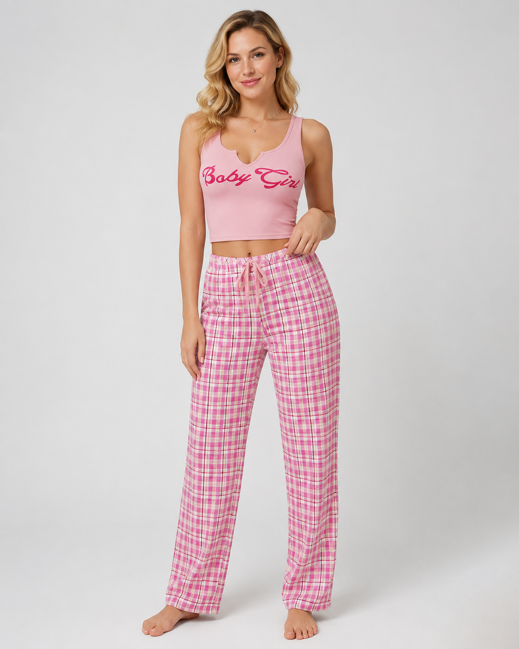 Women's Plaid Pajama Set - Graphic Crop Top and Drawstring Sleepwear Lounge Pants - Luxxella