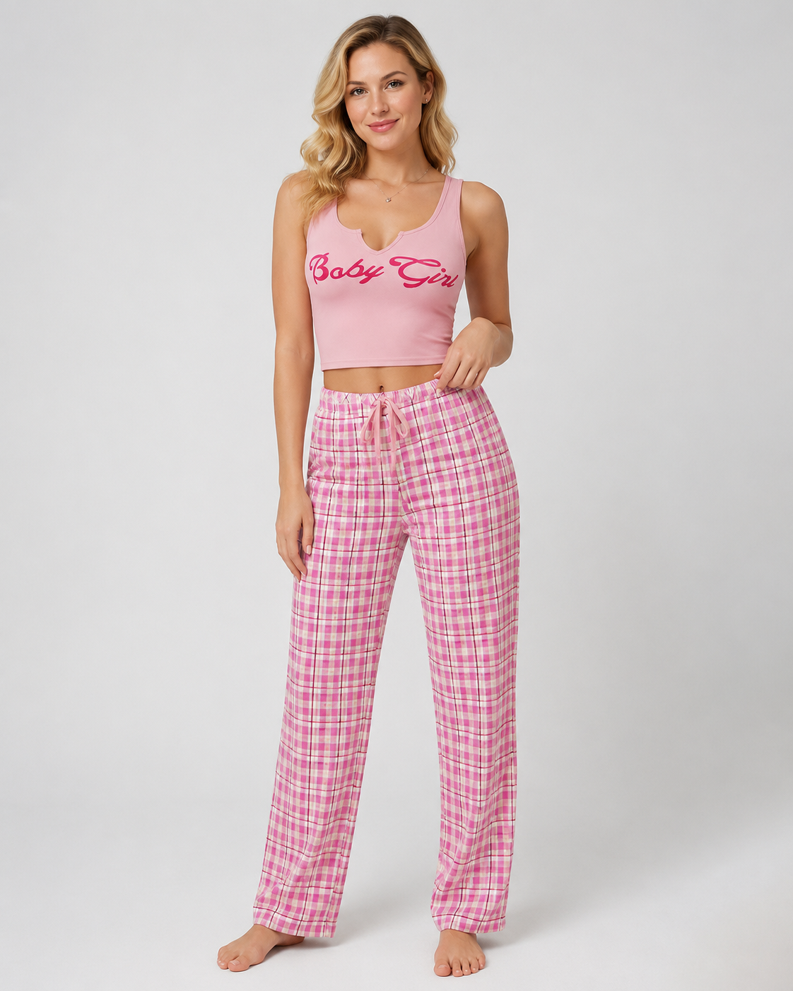 Women's Plaid Pajama Set - Graphic Crop Top and Drawstring Sleepwear Lounge Pants - Luxxella
