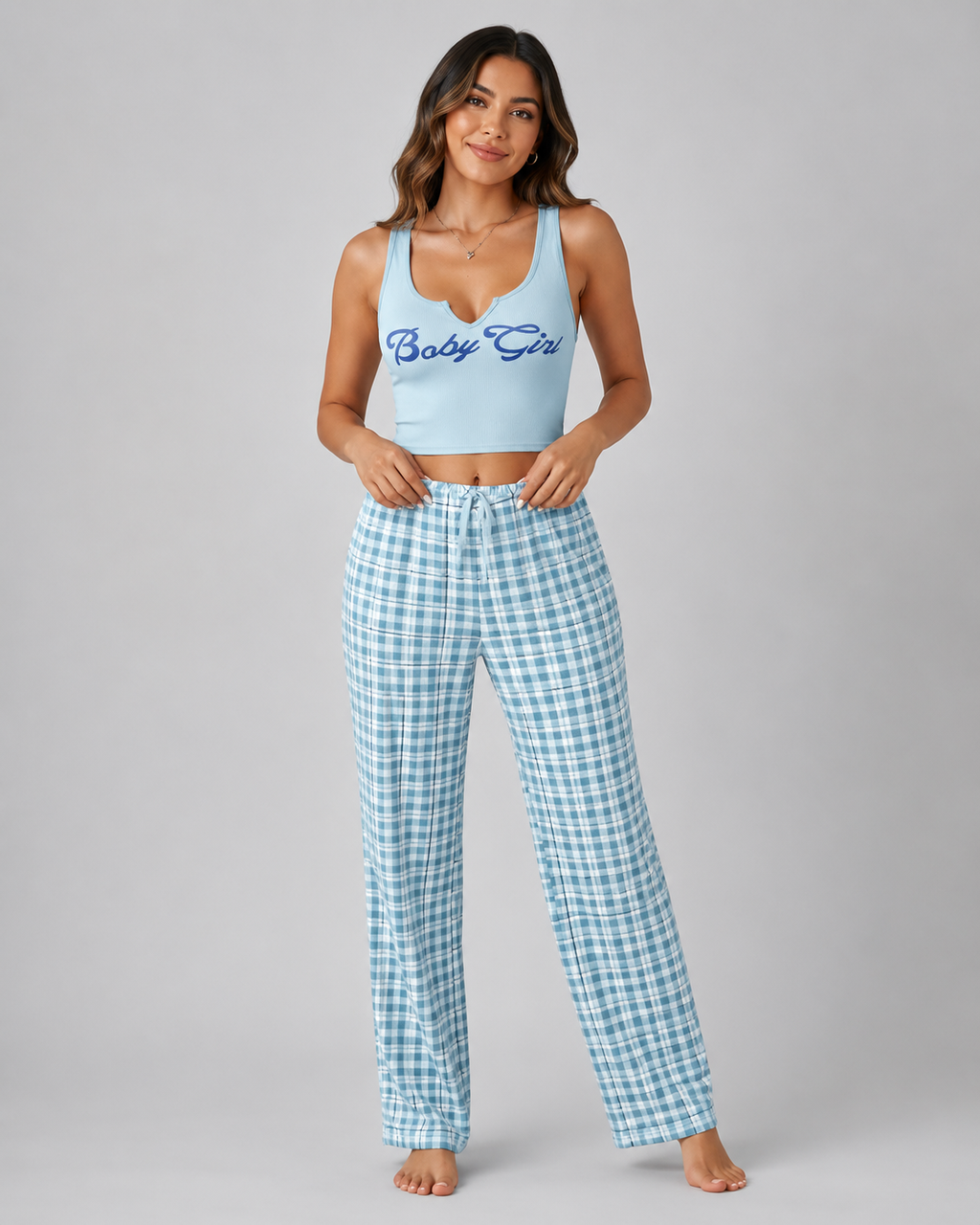 Women's Plaid Pajama Set - Graphic Crop Top and Drawstring Sleepwear Lounge Pants - Luxxella