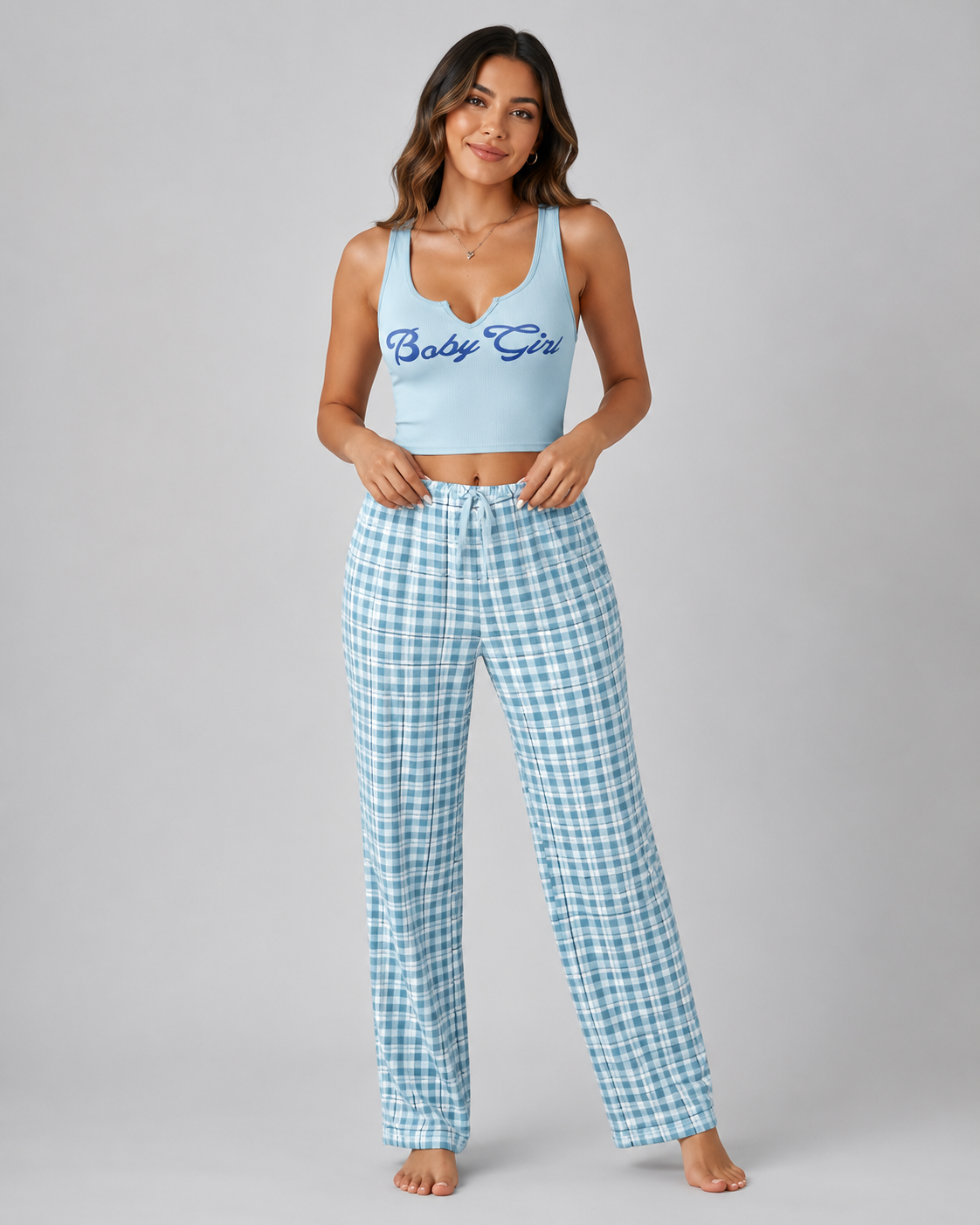 Women's Plaid Pajama Set - Graphic Crop Top and Drawstring Sleepwear Lounge Pants - Luxxella
