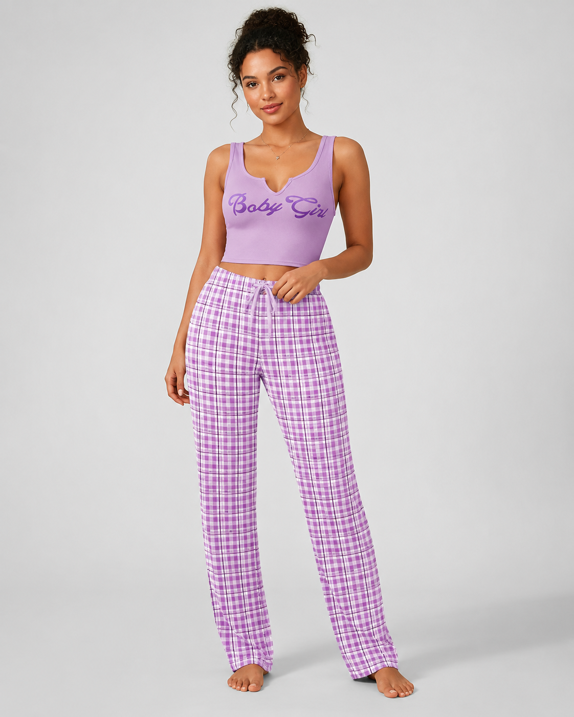 Women's Plaid Pajama Set - Graphic Crop Top and Drawstring Sleepwear Lounge Pants - Luxxella