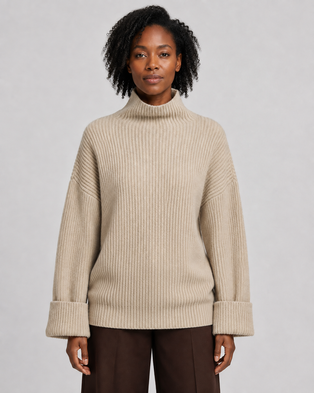 Women's Cashmere Wool Blend Ribbed Mock Neck Sweater - Autumn Winter Slouchy Pullover - Luxxella