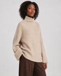 Women's Cashmere Wool Blend Ribbed Mock Neck Sweater - Autumn Winter Slouchy Pullover - Luxxella