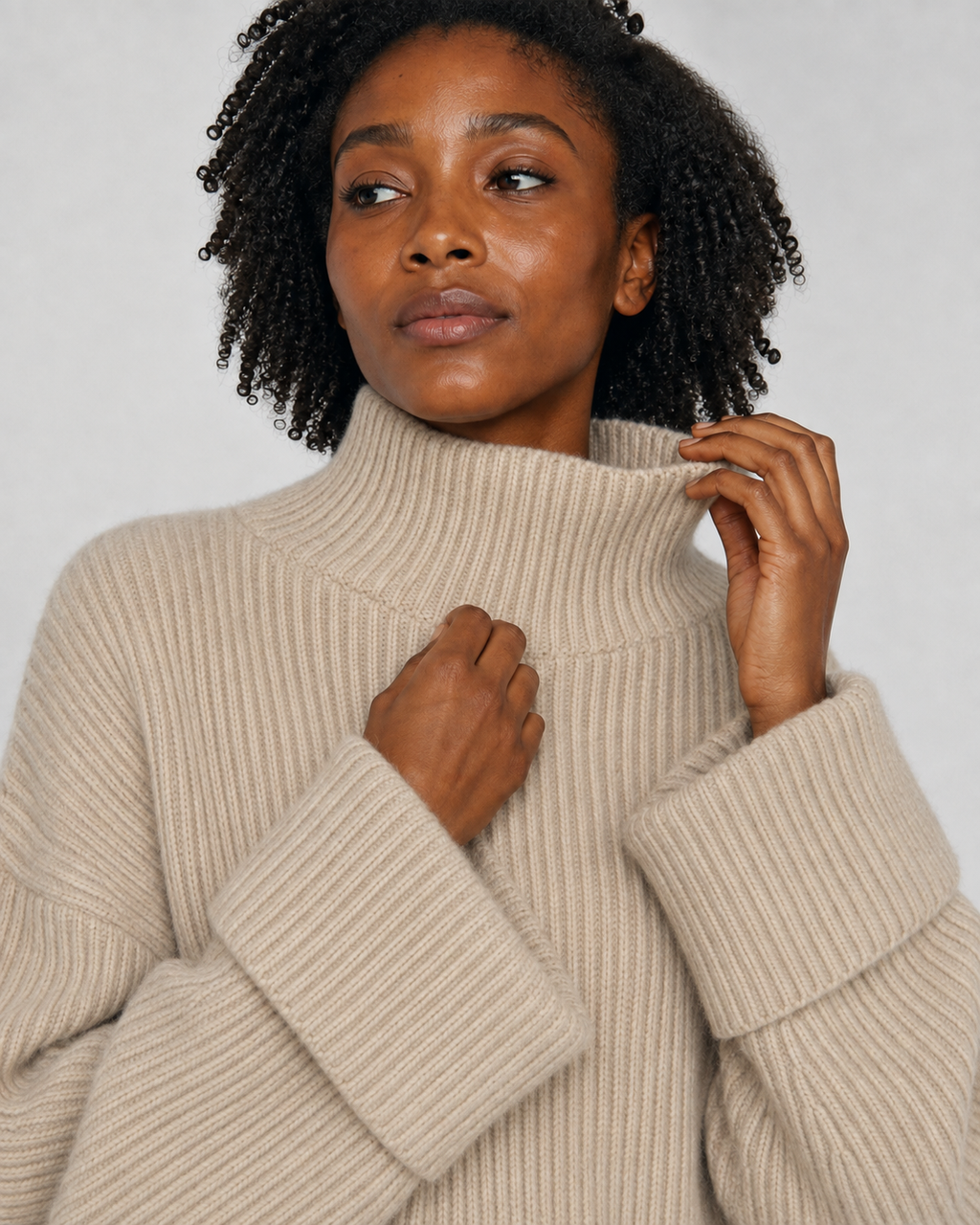 Women's Cashmere Wool Blend Ribbed Mock Neck Sweater - Autumn Winter Slouchy Pullover - Luxxella