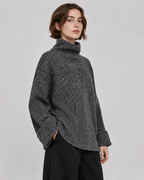 Women's Cashmere Wool Blend Ribbed Mock Neck Sweater - Autumn Winter Slouchy Pullover - Luxxella