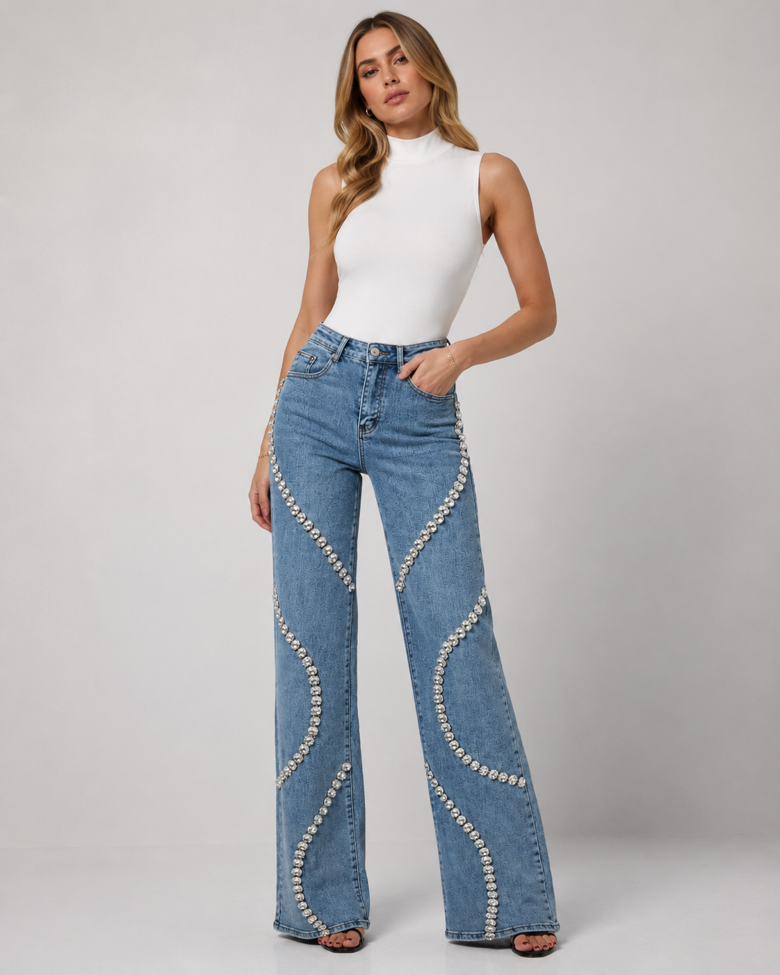 Premium Denim Rhinestone Flare Jeans - High Waisted Cotton Wave Crystal Pants - Luxxella