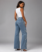 Premium Denim Rhinestone Flare Jeans - High Waisted Cotton Wave Crystal Pants - Luxxella