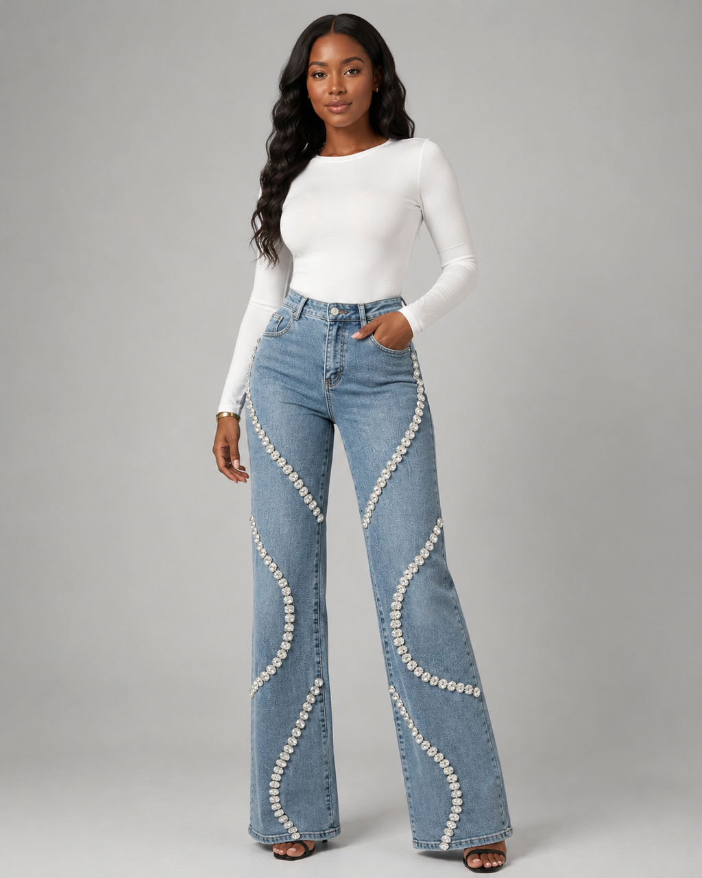 Premium Denim Rhinestone Flare Jeans - High Waisted Cotton Wave Crystal Pants - Luxxella