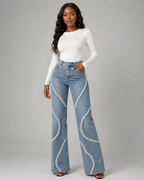 Premium Denim Rhinestone Flare Jeans - High Waisted Cotton Wave Crystal Pants - Luxxella