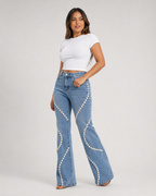 Premium Denim Rhinestone Flare Jeans - High Waisted Cotton Wave Crystal Pants - Luxxella