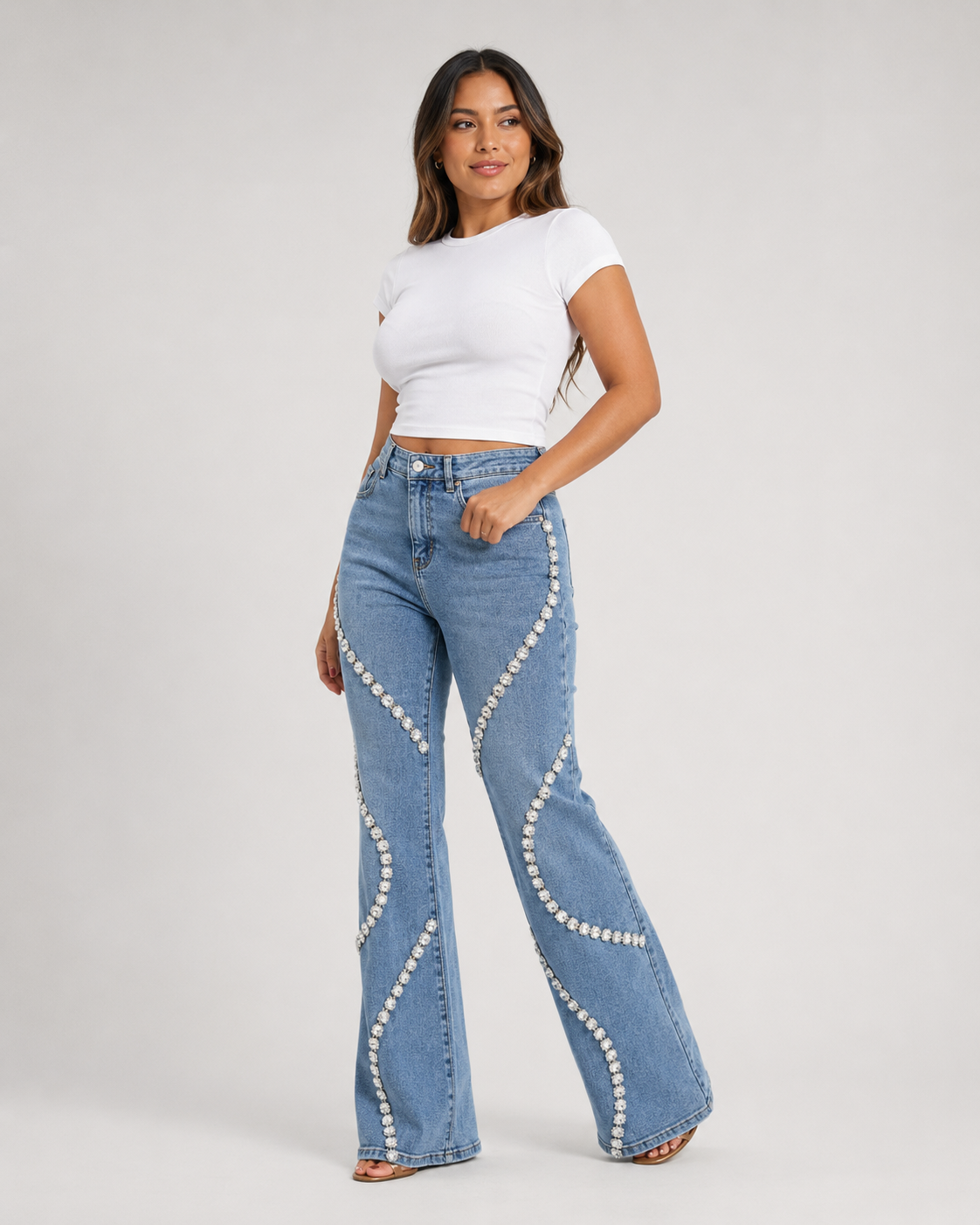 Premium Denim Rhinestone Flare Jeans - High Waisted Cotton Wave Crystal Pants - Luxxella
