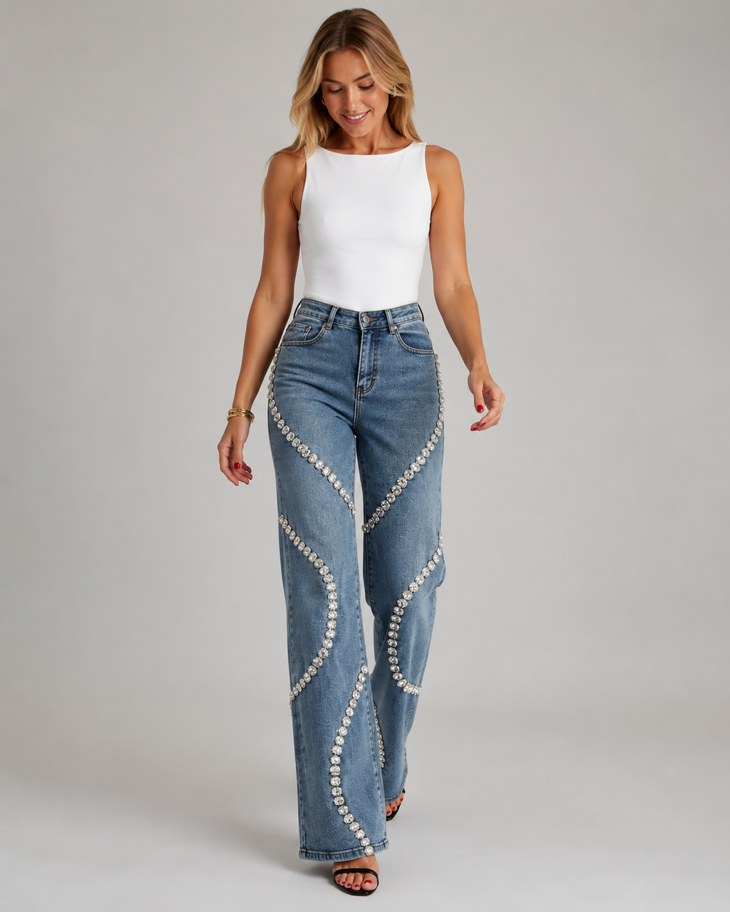 Premium Denim Rhinestone Flare Jeans - High Waisted Cotton Wave Crystal Pants - Luxxella