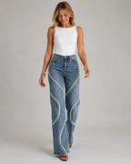 Premium Denim Rhinestone Flare Jeans - High Waisted Cotton Wave Crystal Pants - Luxxella