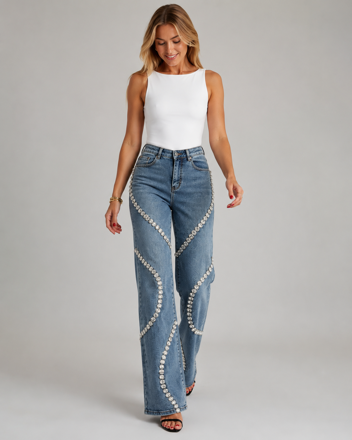 Premium Denim Rhinestone Flare Jeans - High Waisted Cotton Wave Crystal Pants - Luxxella