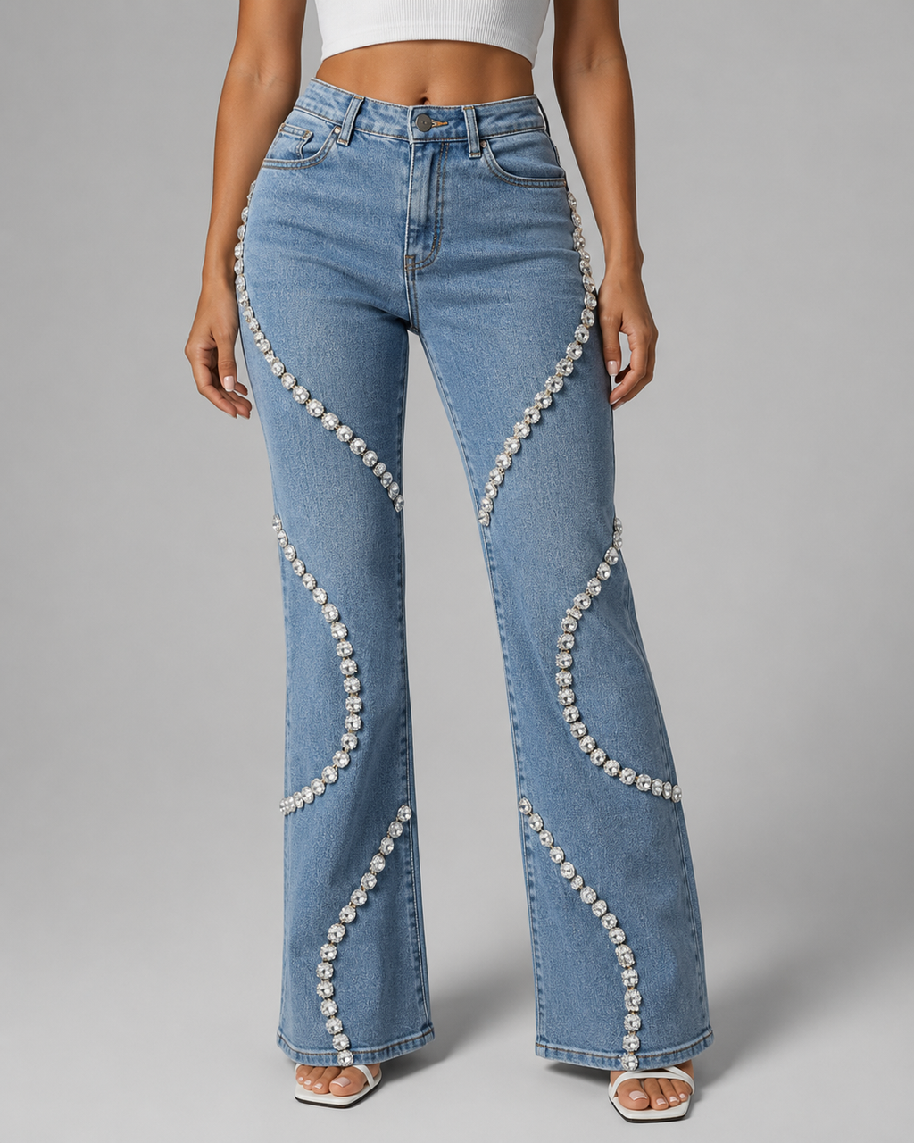 Premium Denim Rhinestone Flare Jeans - High Waisted Cotton Wave Crystal Pants - Luxxella