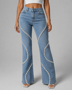 Premium Denim Rhinestone Flare Jeans - High Waisted Cotton Wave Crystal Pants - Luxxella