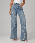 Premium Denim Rhinestone Flare Jeans - High Waisted Cotton Wave Crystal Pants - Luxxella