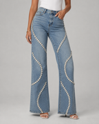 Premium Denim Rhinestone Flare Jeans - High Waisted Cotton Wave Crystal Pants - Luxxella