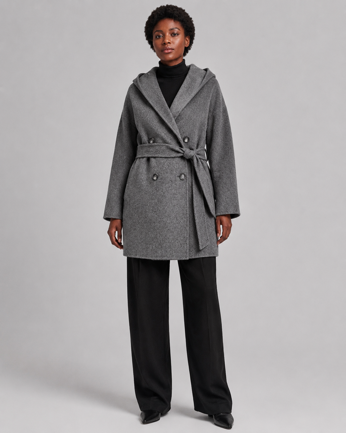 Women’s Shawl Collar Hooded Wool Jacket - Fall Winter Luxury Cashmere-Touch Belted Coat - Luxxella