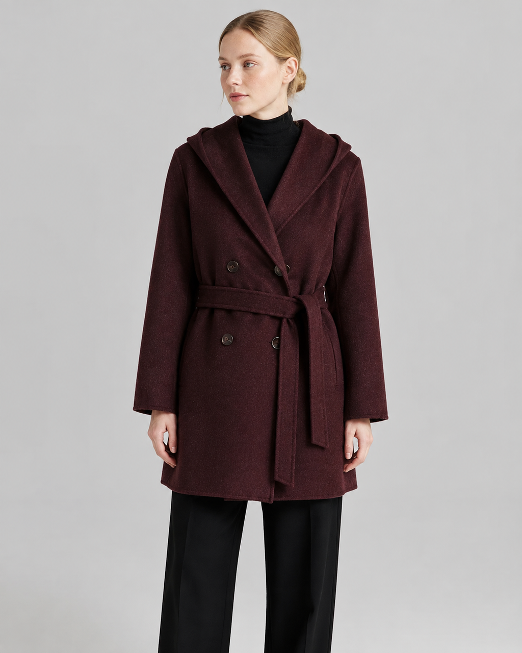 Women’s Shawl Collar Hooded Wool Jacket - Fall Winter Luxury Cashmere-Touch Belted Coat - Luxxella