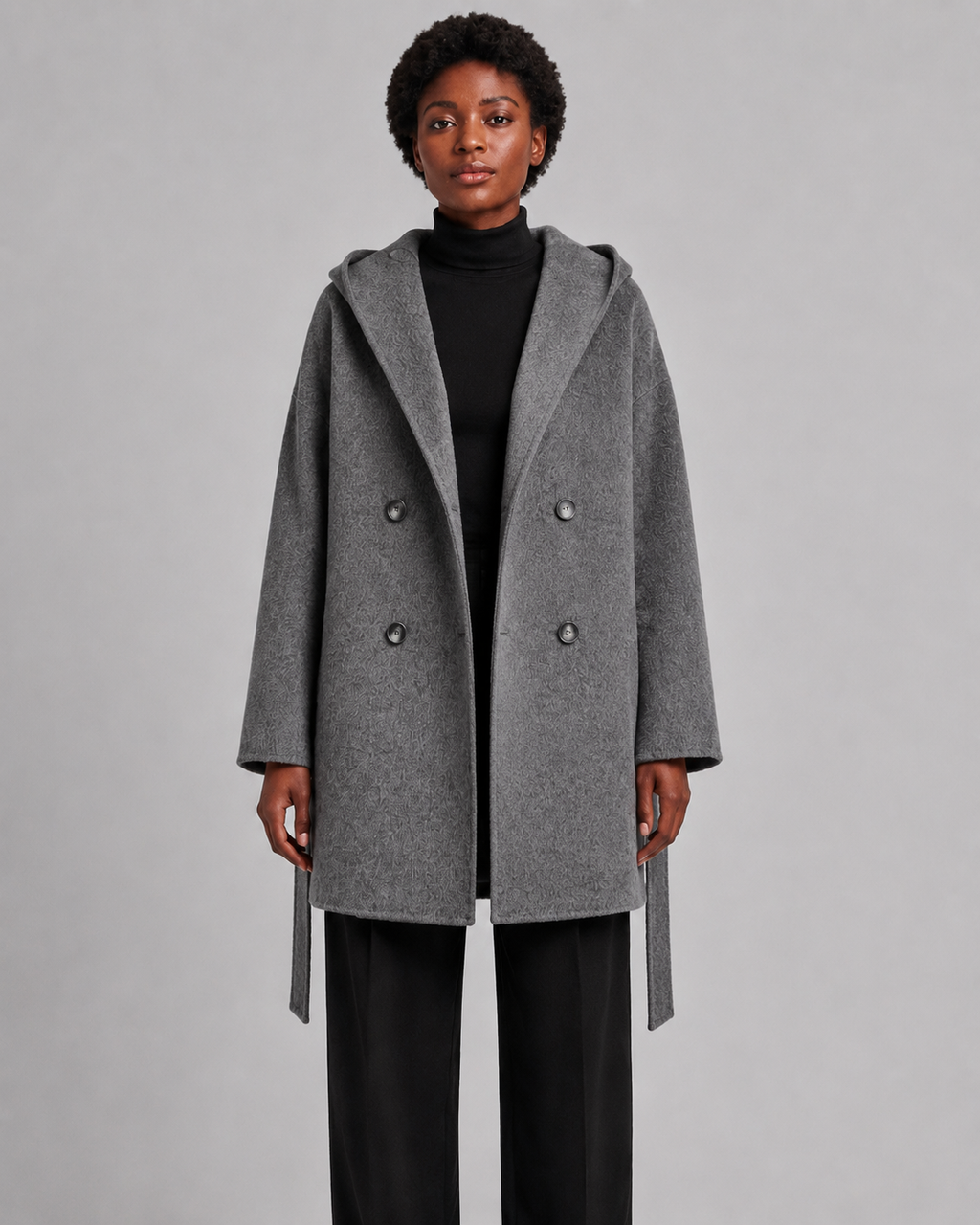 Women’s Shawl Collar Hooded Wool Jacket - Fall Winter Luxury Cashmere-Touch Belted Coat - Luxxella