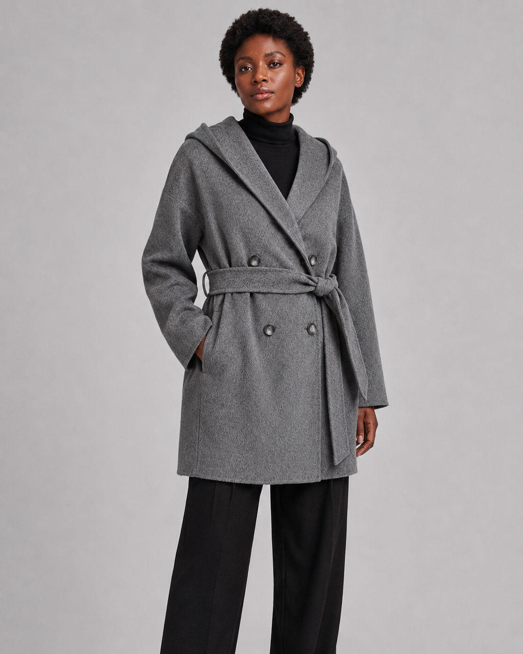 Women’s Shawl Collar Hooded Wool Jacket - Fall Winter Luxury Cashmere-Touch Belted Coat - Luxxella