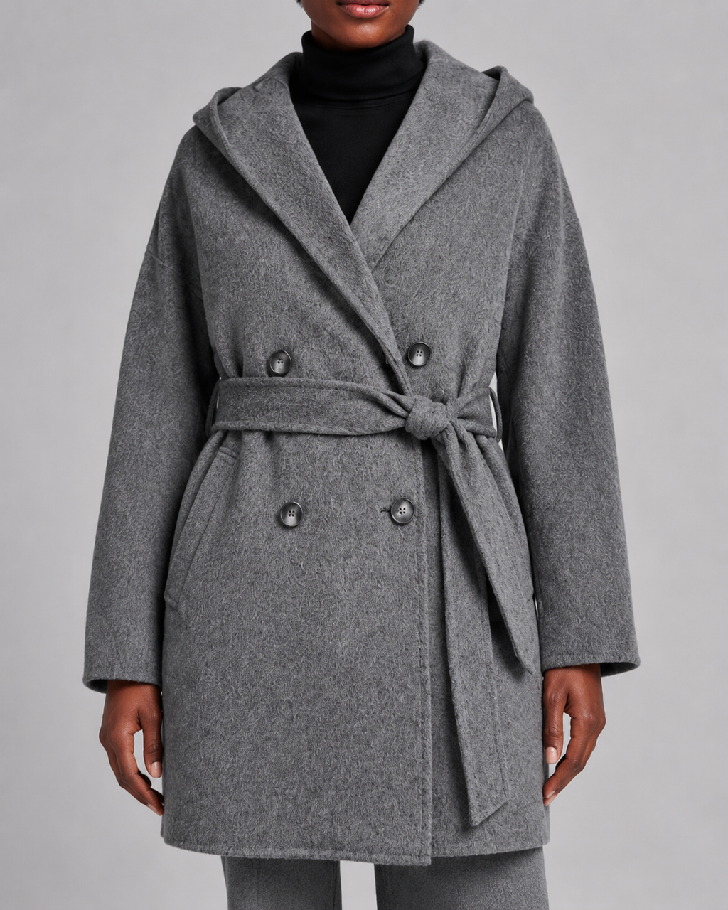 Women’s Shawl Collar Hooded Wool Jacket - Fall Winter Luxury Cashmere-Touch Belted Coat - Luxxella