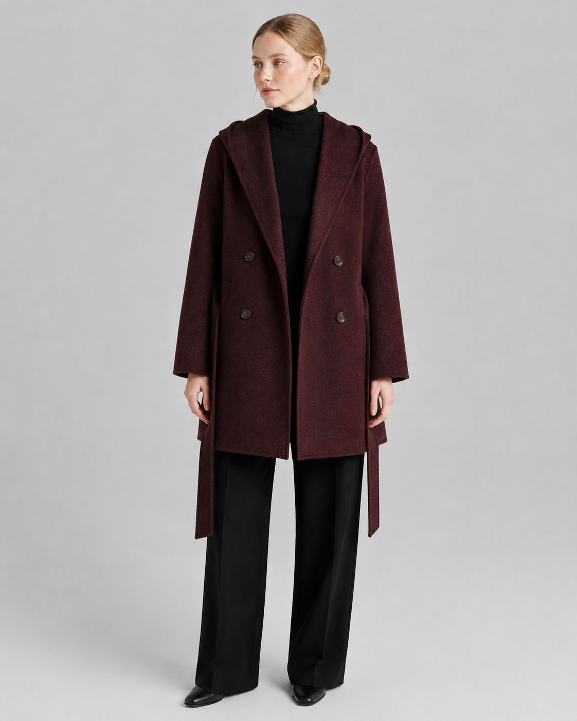 Women’s Shawl Collar Hooded Wool Jacket - Fall Winter Luxury Cashmere-Touch Belted Coat - Luxxella
