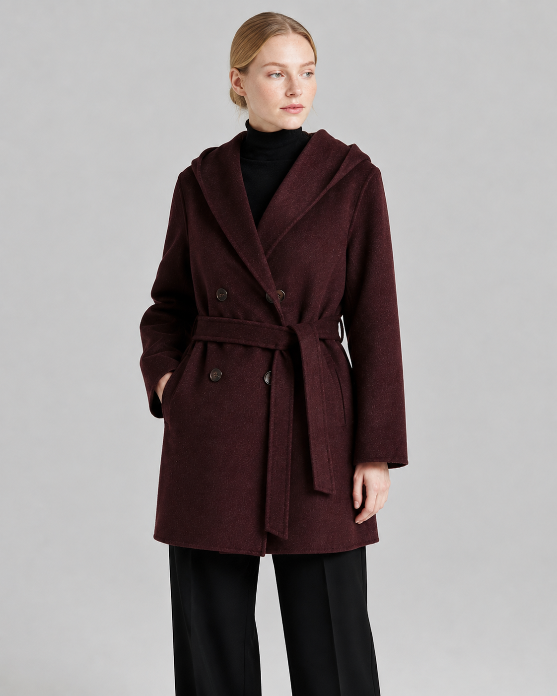 Women’s Shawl Collar Hooded Wool Jacket - Fall Winter Luxury Cashmere-Touch Belted Coat - Luxxella