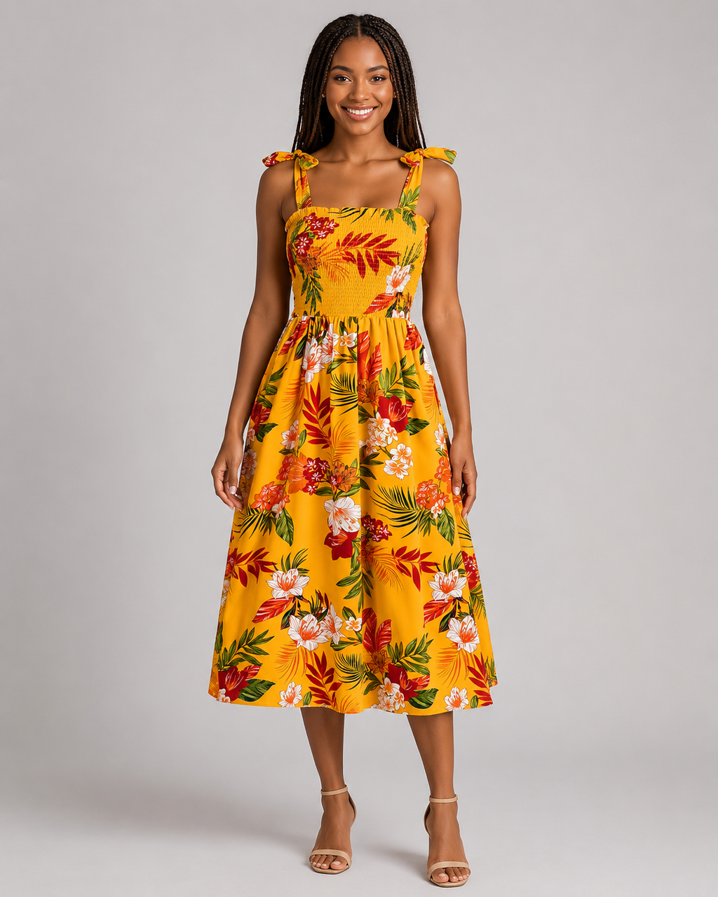 Tropical Floral Smocked Midi Dress - Tie Shoulder Summer Beach Vacation Sundress - Luxxella