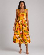 Tropical Floral Smocked Midi Dress - Tie Shoulder Summer Beach Vacation Sundress - Luxxella