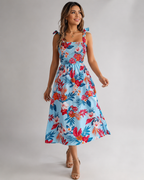 Tropical Floral Smocked Midi Dress - Tie Shoulder Summer Beach Vacation Sundress - Luxxella