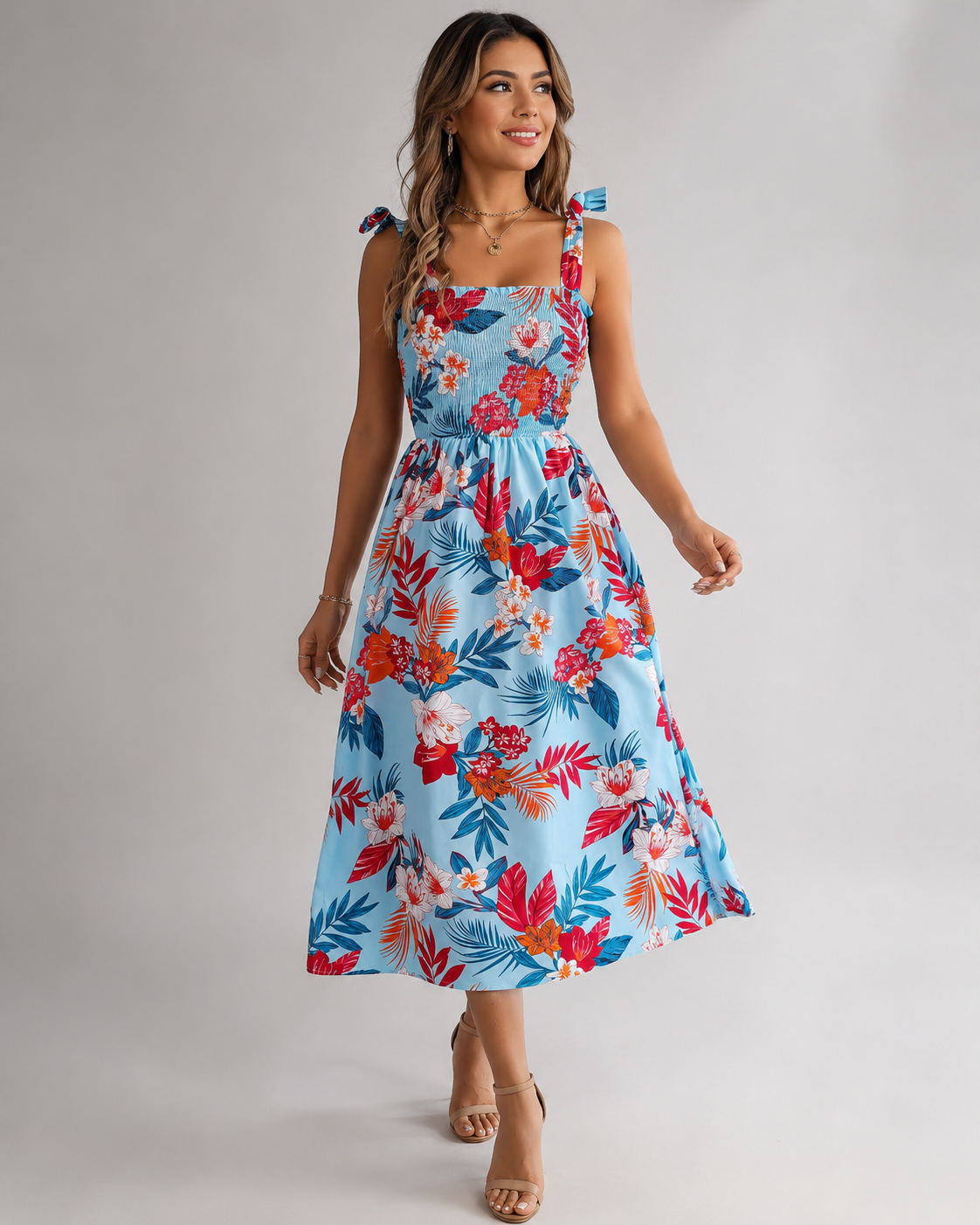 Tropical Floral Smocked Midi Dress - Tie Shoulder Summer Beach Vacation Sundress - Luxxella