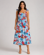 Tropical Floral Smocked Midi Dress - Tie Shoulder Summer Beach Vacation Sundress - Luxxella