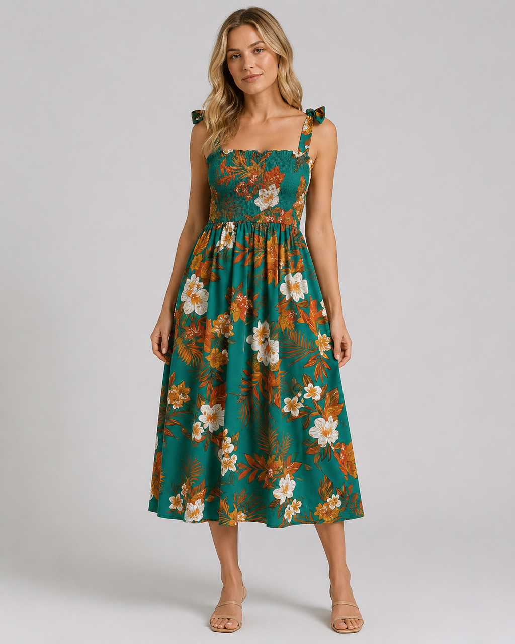 Tropical Floral Smocked Midi Dress - Tie Shoulder Summer Beach Vacation Sundress - Luxxella