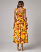Tropical Floral Smocked Midi Dress - Tie Shoulder Summer Beach Vacation Sundress - Luxxella