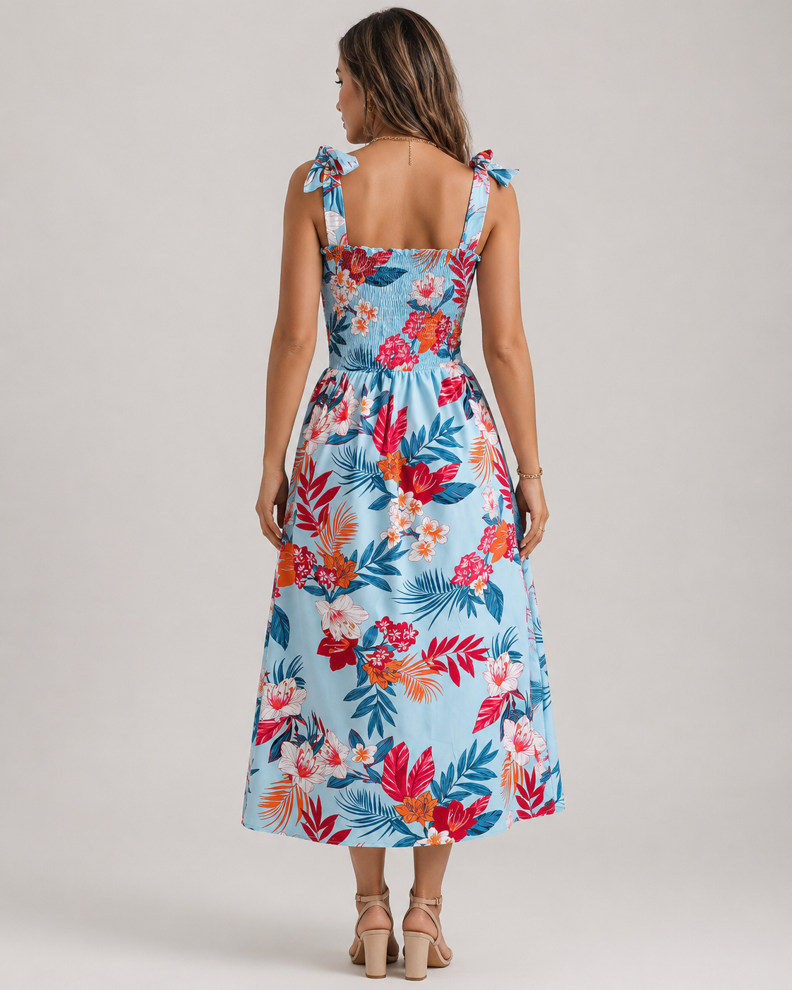 Tropical Floral Smocked Midi Dress - Tie Shoulder Summer Beach Vacation Sundress - Luxxella